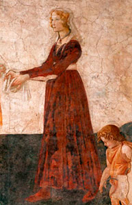 Молодая женщина принимает дары от Венеры и трех граций. Фрагмент. Фрески виллы Мачерелли. Боттичелли