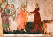 Молодая женщина принимает дары от Венеры и трех граций. Фрески виллы Мачерелли. Боттичелли